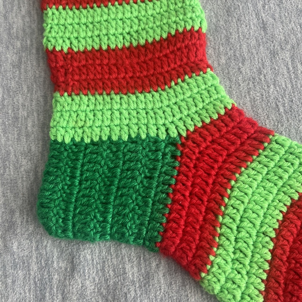 Crochet Christmas Striped Stocking Handmade Red Green Grannycore Vintage 17" EUC - Picture 4 of 12